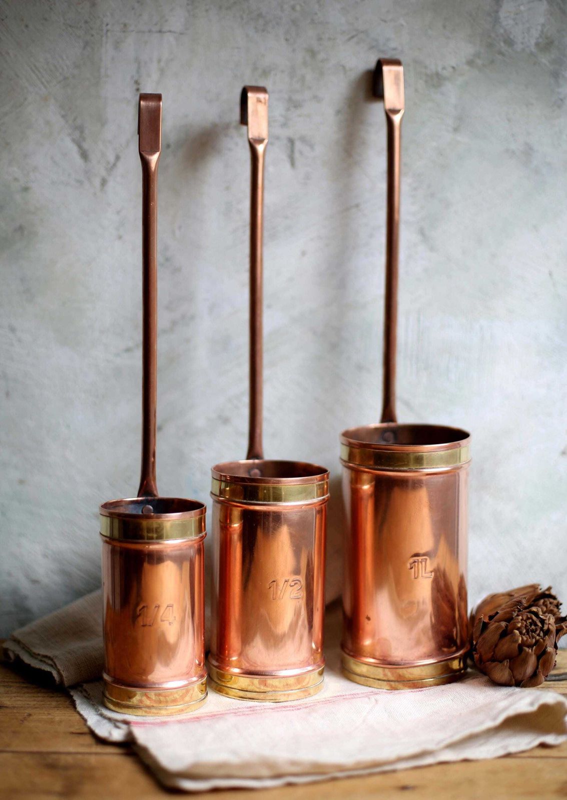 Set Of 3 Antique French Measures Copper & Brass Measuring Cups With Long Handles