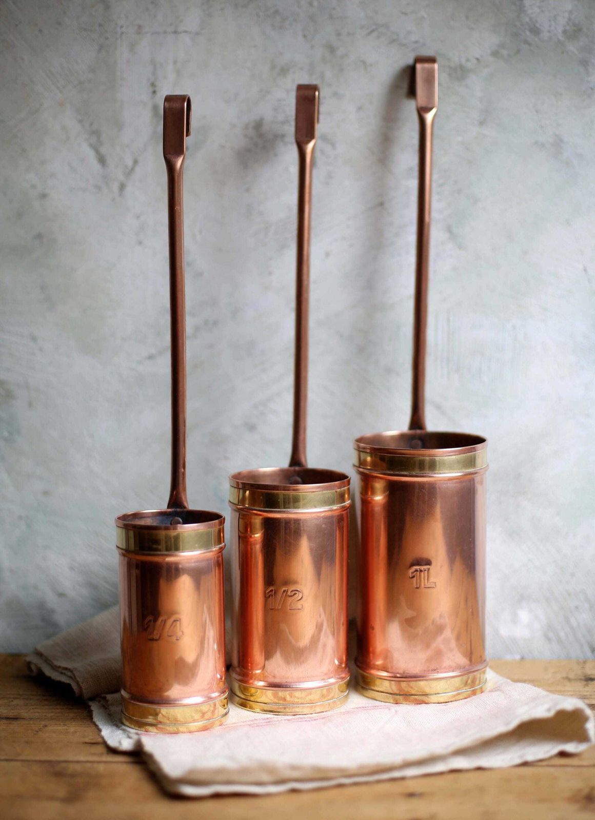 Set Of 3 Antique French Measures Copper & Brass Measuring Cups With Long Handles photo 134.0