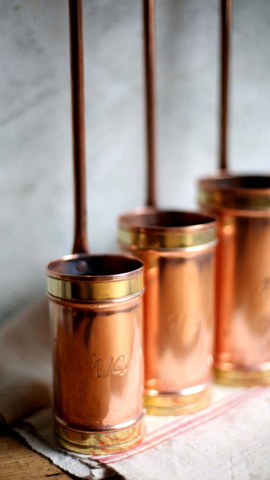 Set Of 3 Antique French Measures Copper & Brass Measuring Cups With Long Handles photo vintage