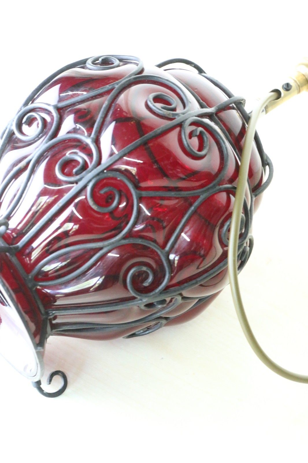 118.0 Antique Table Lamp Italian Cage Blown Glass Lamp Ruby Red 1920's Venetian Glass photo