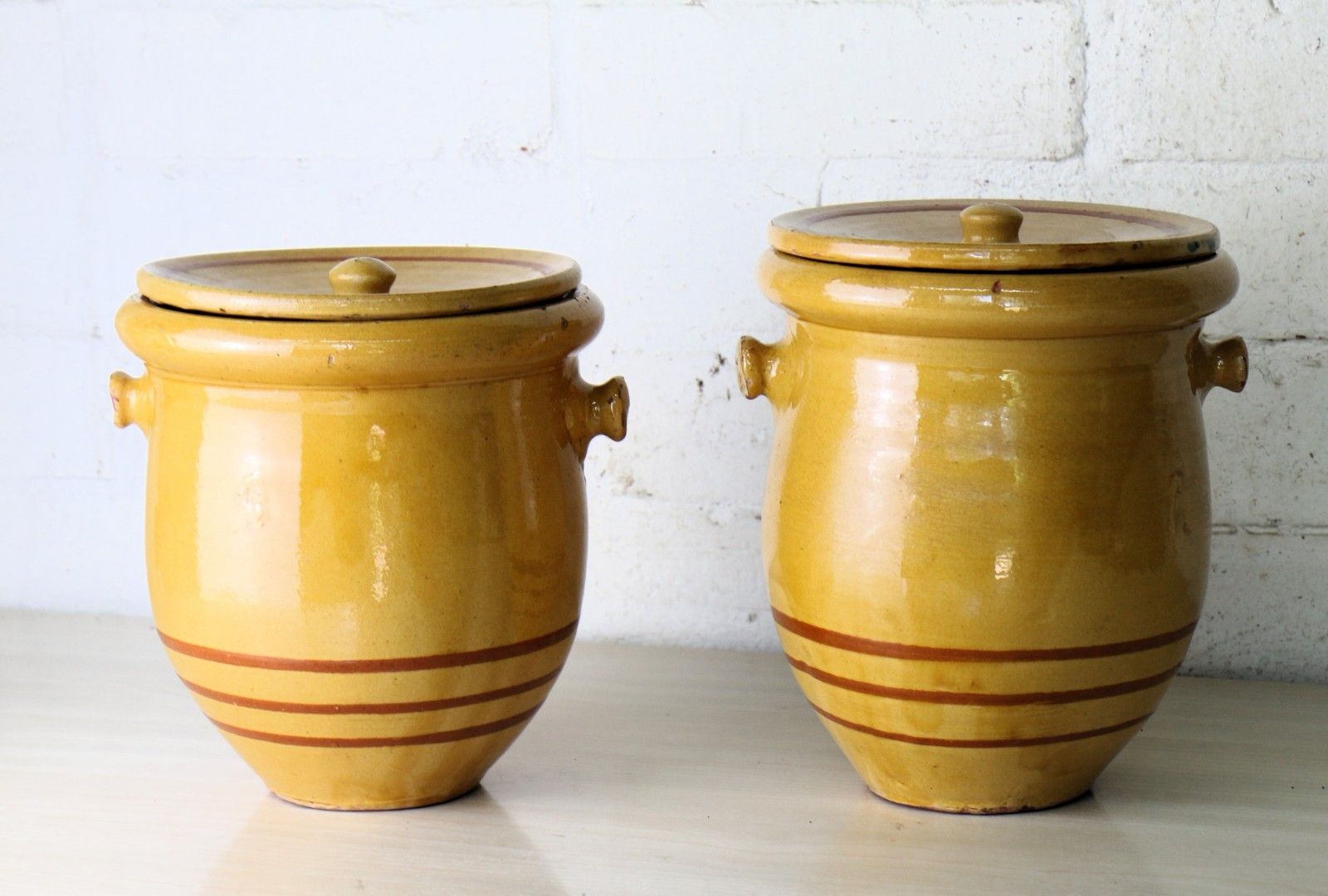 Two  Antique French Confit Pots & Lids Warm Yellow + Mustard Painted Ring Decor photo furniture