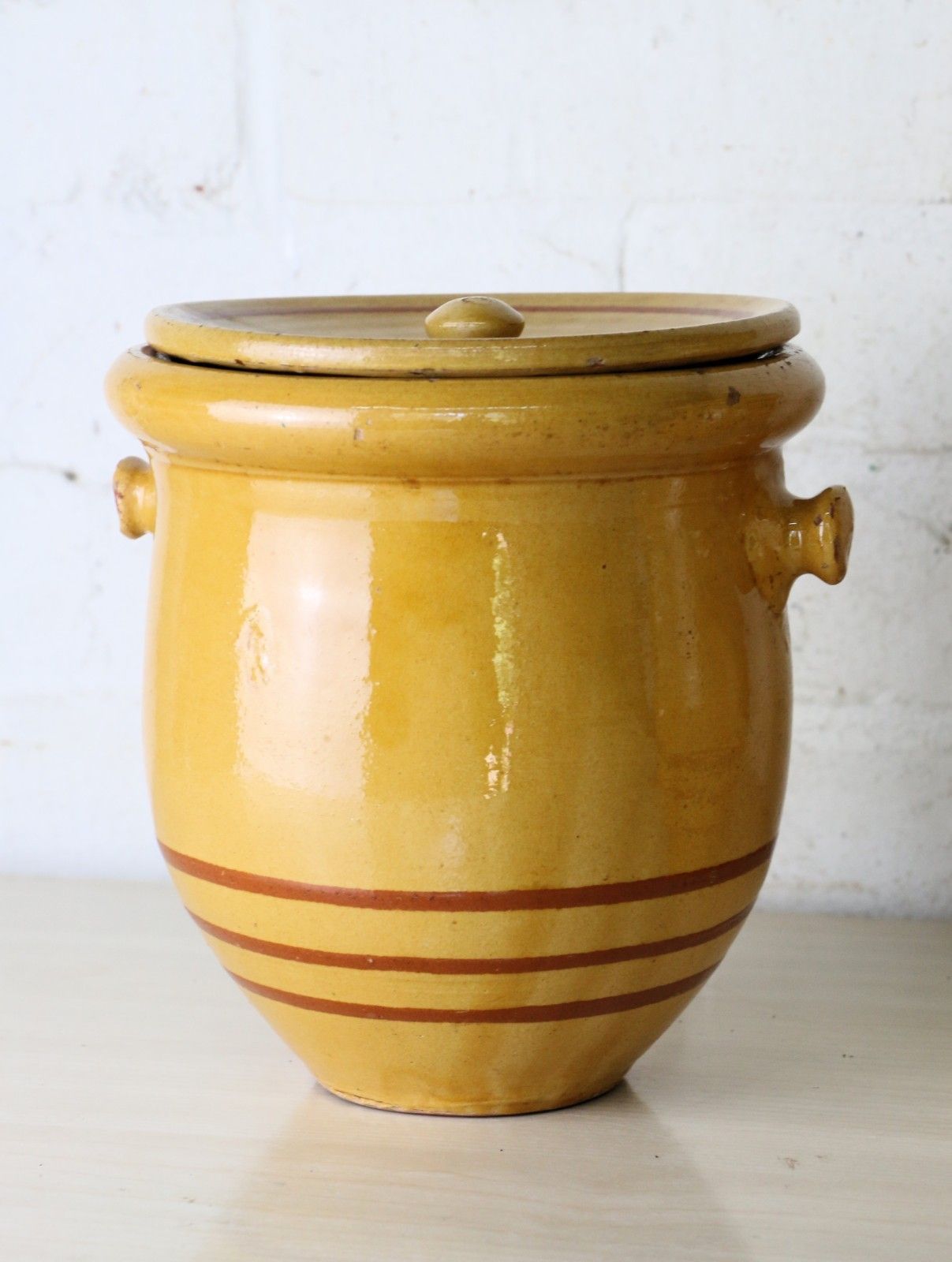 Two  Antique French Confit Pots & Lids Warm Yellow + Mustard Painted Ring Decor photo 119.0