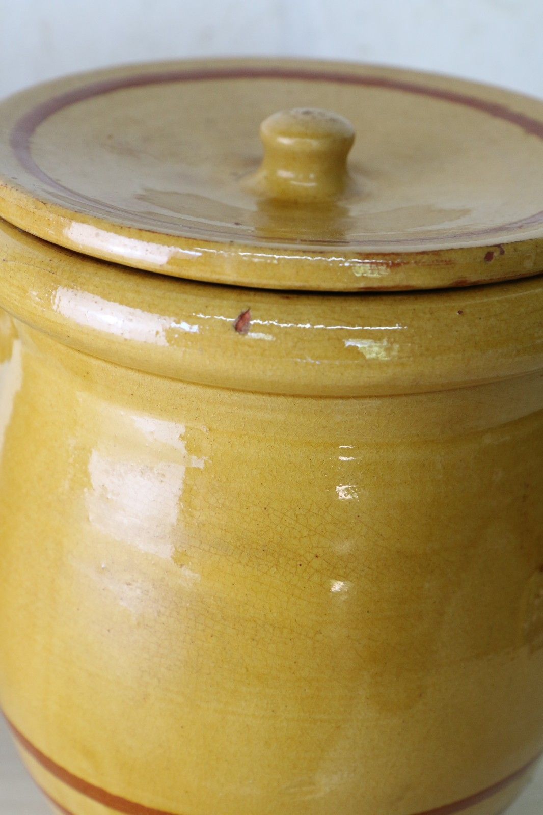 Two  Antique French Confit Pots & Lids Warm Yellow + Mustard Painted Ring Decor photo buy
