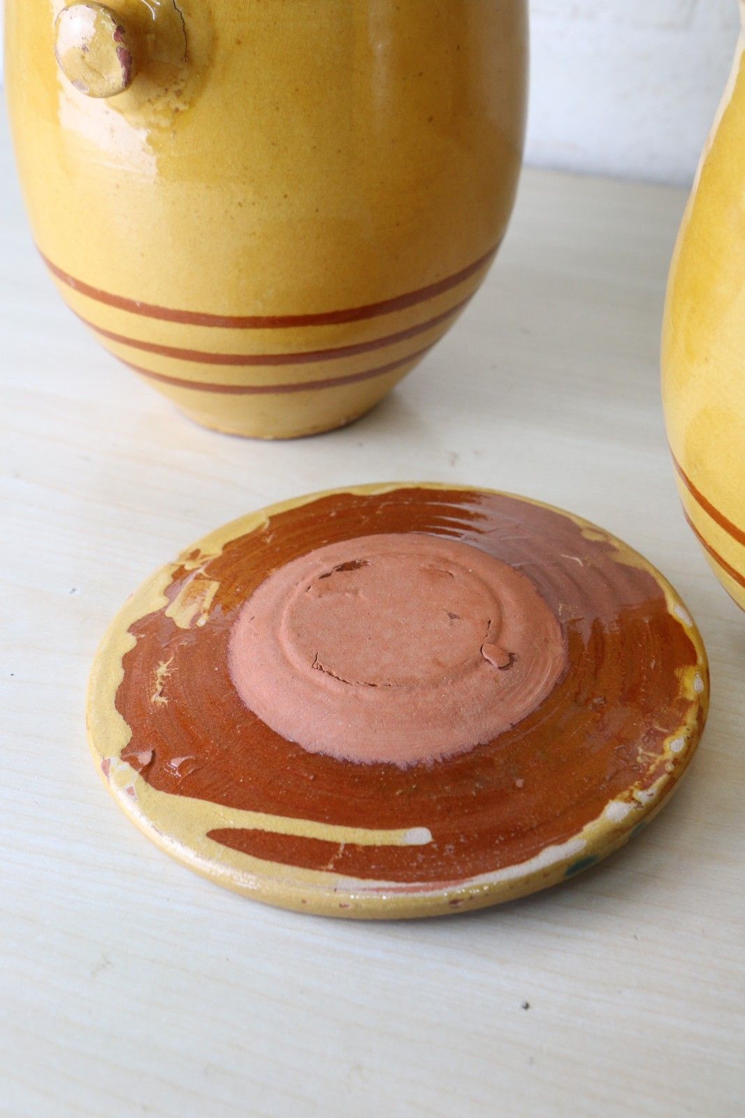 119.0 Two  Antique French Confit Pots & Lids Warm Yellow + Mustard Painted Ring Decor photo