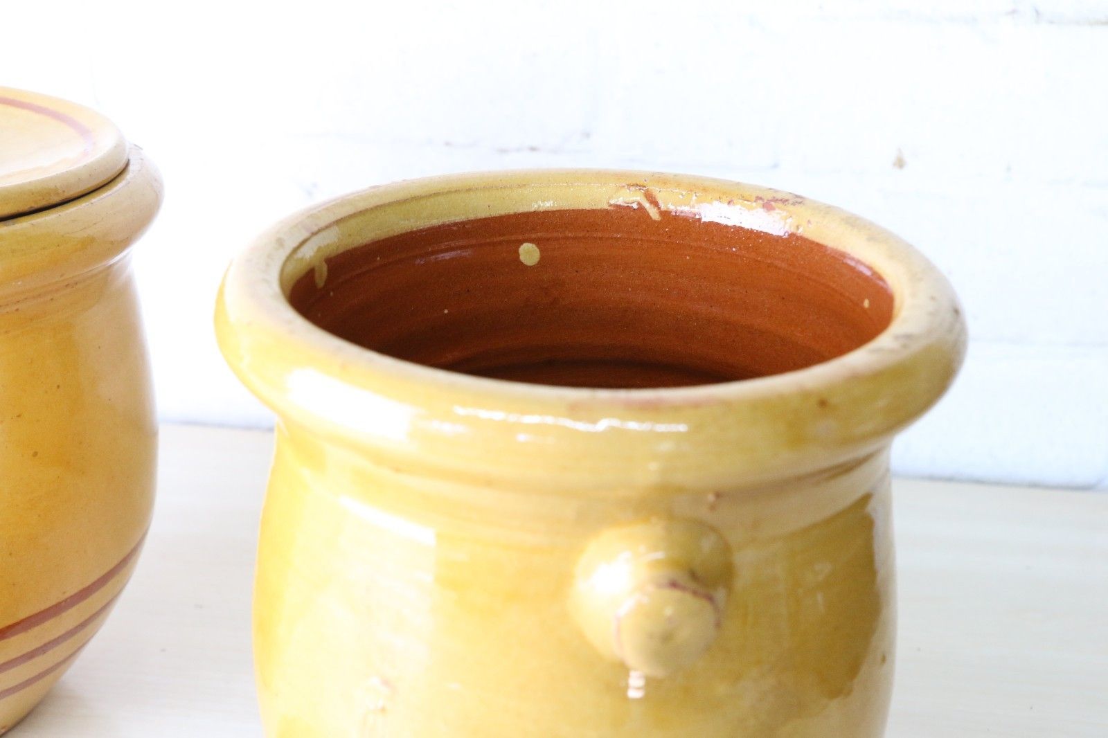 photo vinterior Two  Antique French Confit Pots & Lids Warm Yellow + Mustard Painted Ring Decor