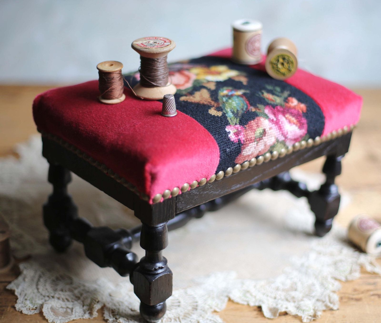 French Antique Embroidered Wooden Foot Stool Floral Needlepoint Kingfisher Tapestry Footstool photo for sale