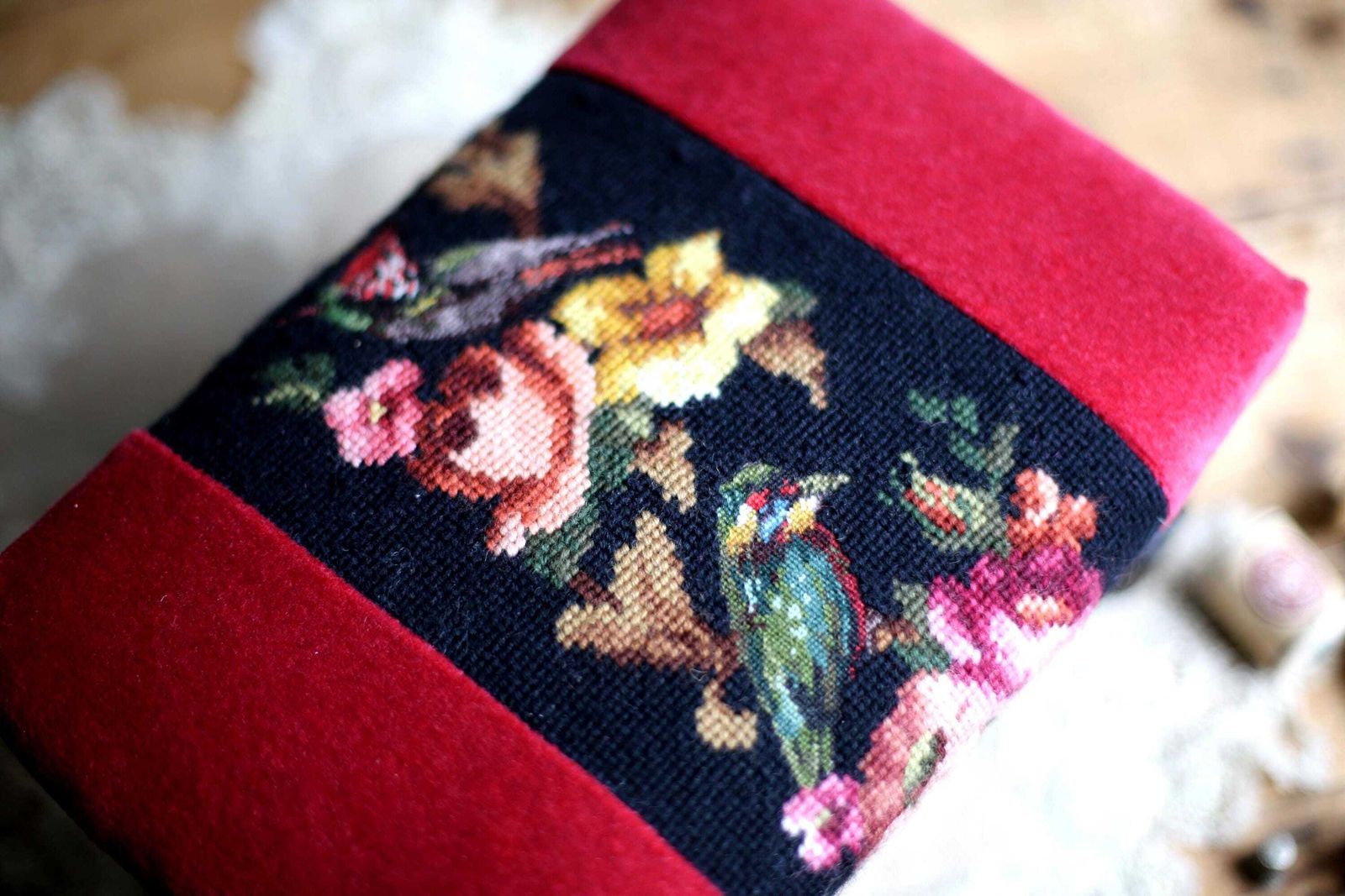 French Antique Embroidered Wooden Foot Stool Floral Needlepoint Kingfisher Tapestry Footstool photo Furniture