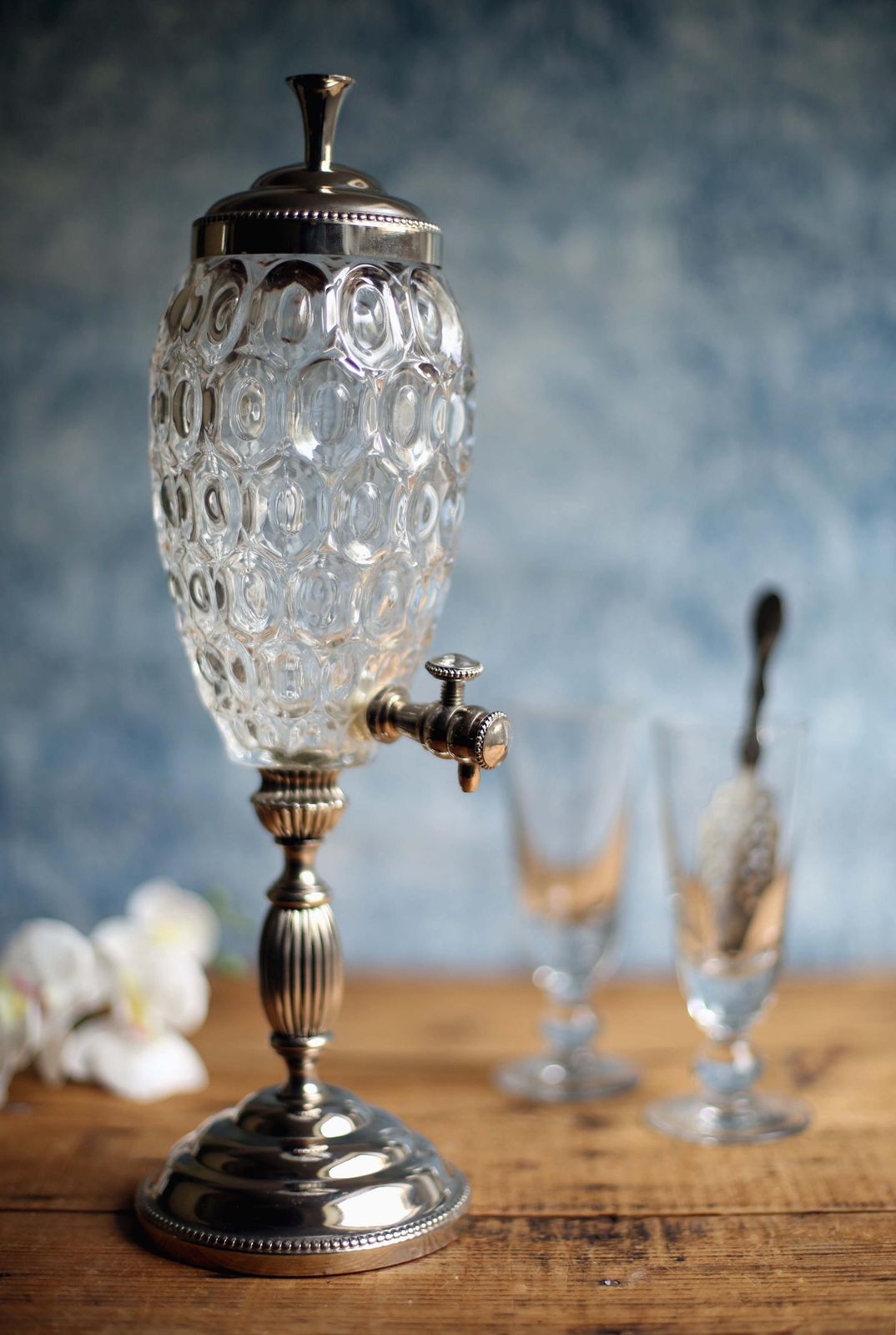 Vintage French Pressed Glass Silver Plated Absinthe Water Fountain Dispenser