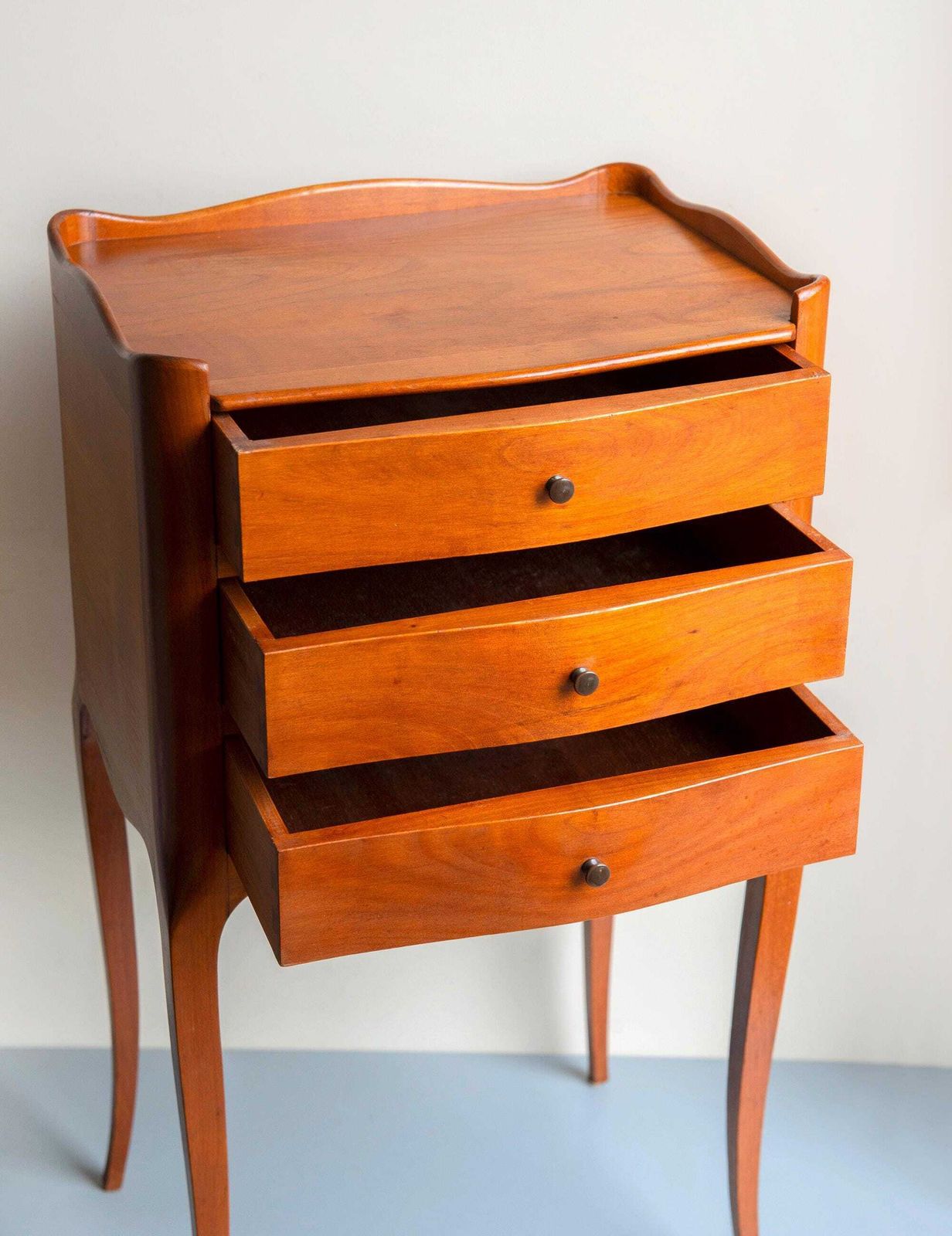 Vintage Wooden Bedside Table   French Provincial 3 Drawer Nightstand   Cabriole Leg Side Table photo 361.0