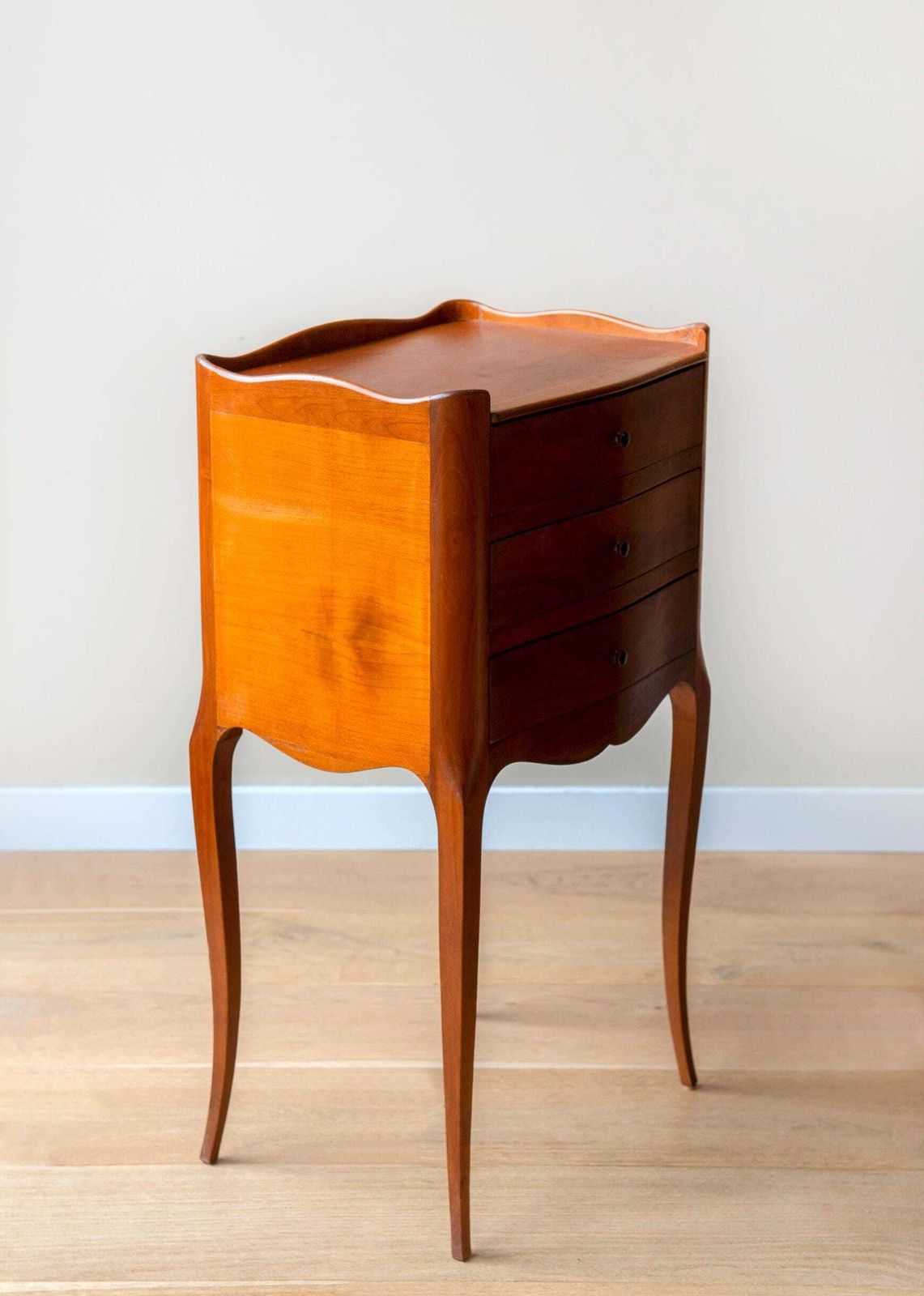 361.0 Vintage Wooden Bedside Table   French Provincial 3 Drawer Nightstand   Cabriole Leg Side Table photo
