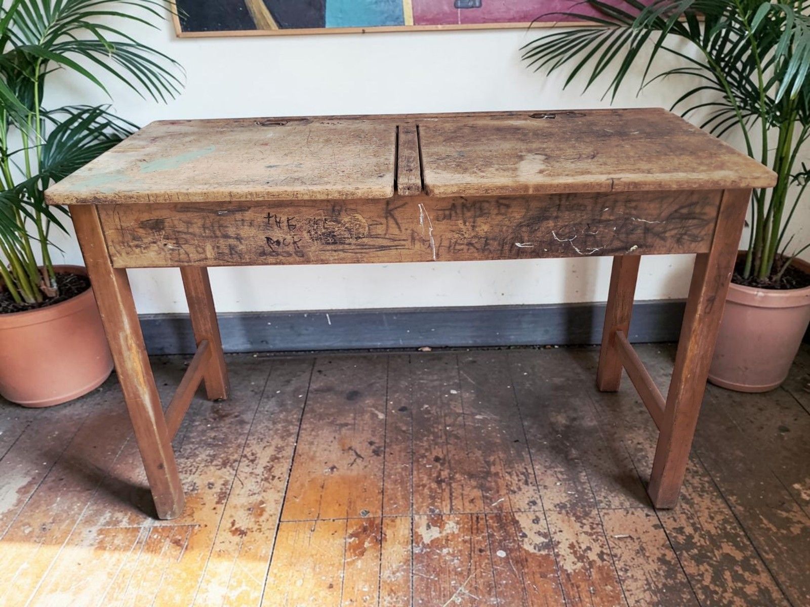 Vintage Double School Desk Wooden Rustic Industrial Original Graffiti Desk 1970 photo Furniture