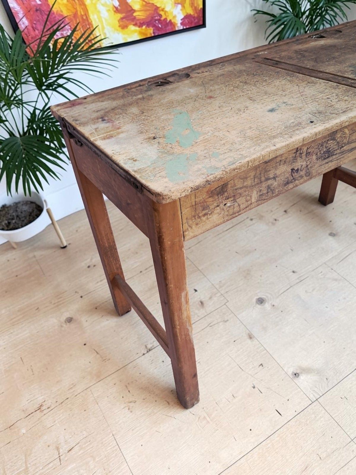 Vintage Double School Desk Wooden Rustic Industrial Original Graffiti Desk 1970 photo buy