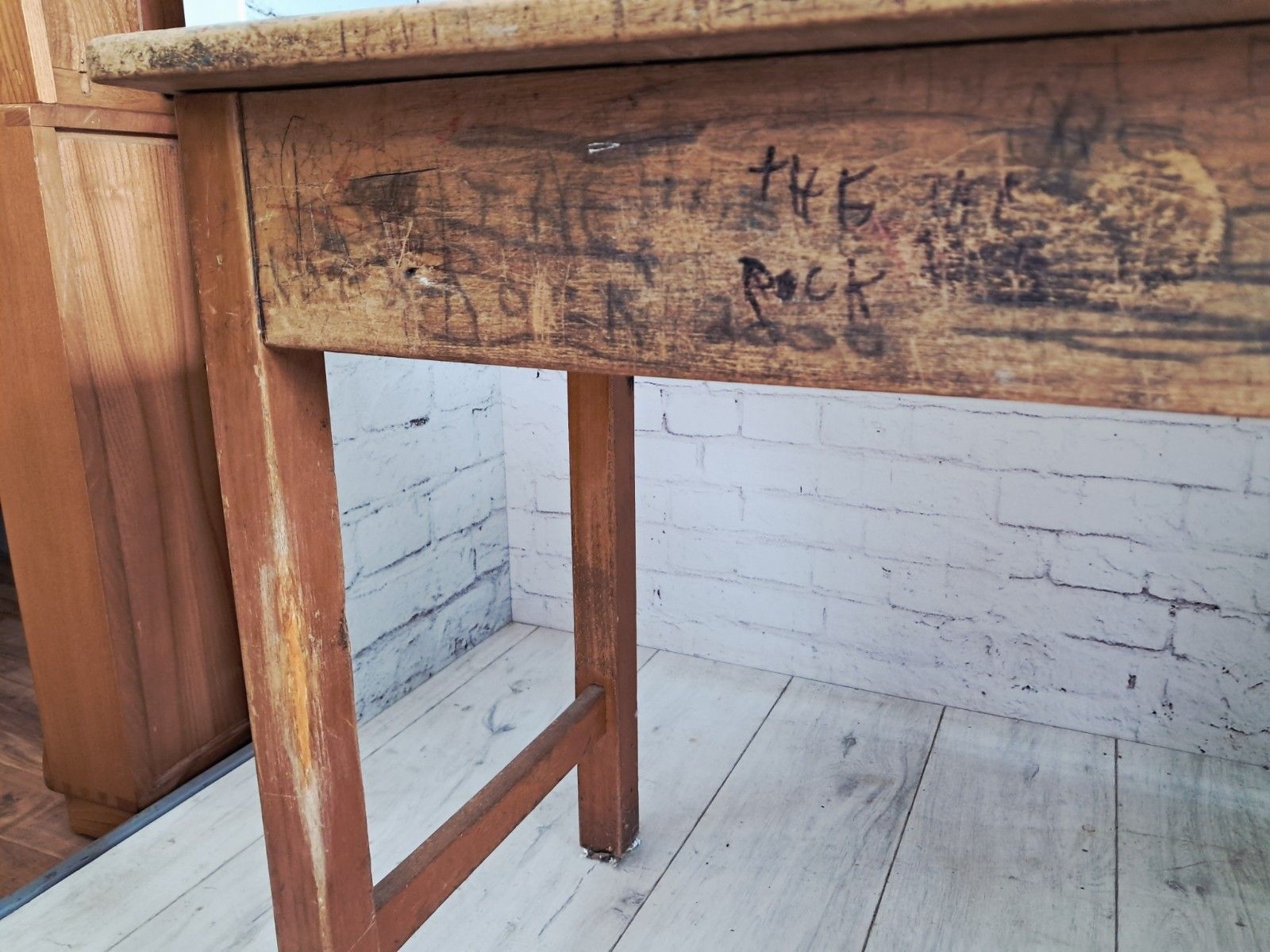 Furniture Vintage Double School Desk Wooden Rustic Industrial Original Graffiti Desk 1970 photo