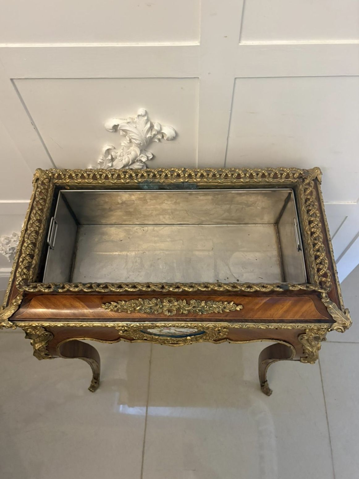 Antique French 19th Century Ormolu Mounted Kingwood Jardiniere Stand Porcelain Plaque photo for sale