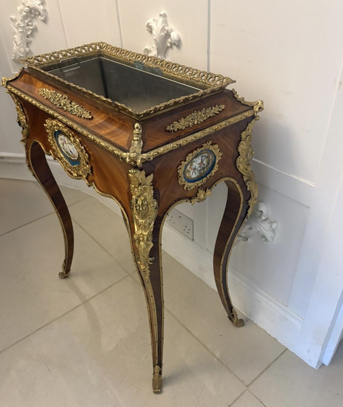 2995.0 Antique French 19th Century Ormolu Mounted Kingwood Jardiniere Stand Porcelain Plaque photo