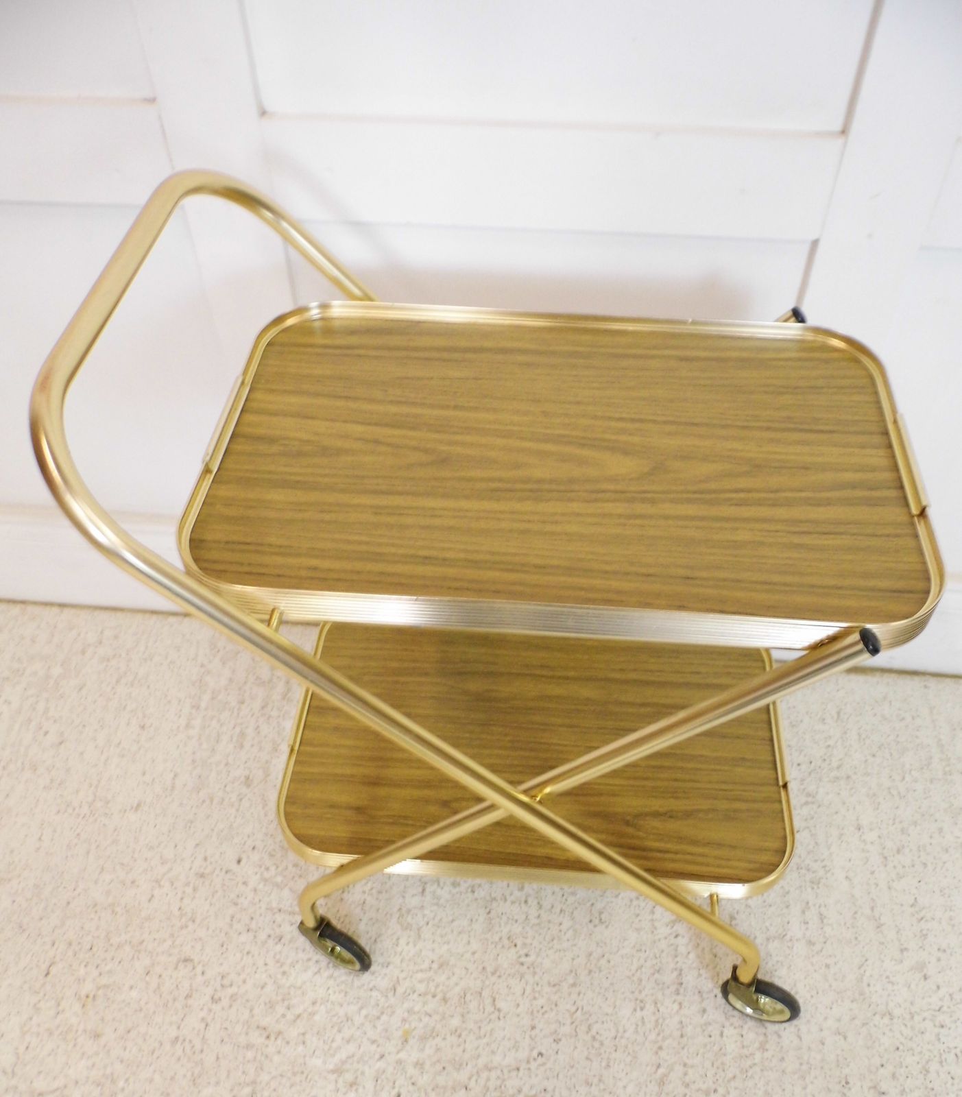 photo vinterior Vintage Retro Hostess Bar Drinks Cart Trolley Folding Design 1970s Formica Gold