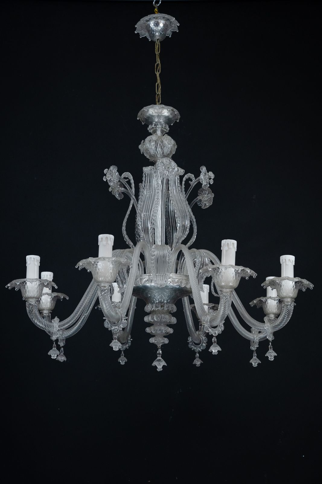 1940s Vintage Murano Clear Glass Chandelier, Classic Italian Art Glass