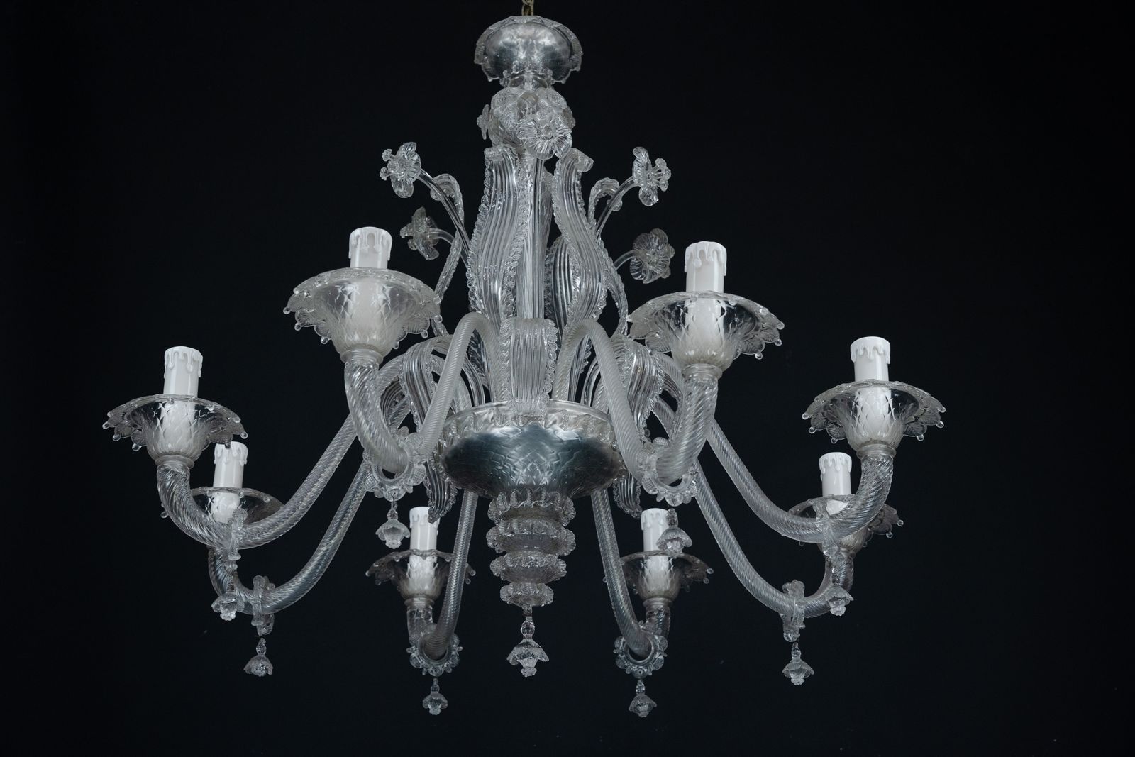 1940s Vintage Murano Clear Glass Chandelier, Classic Italian Art Glass photo for sale