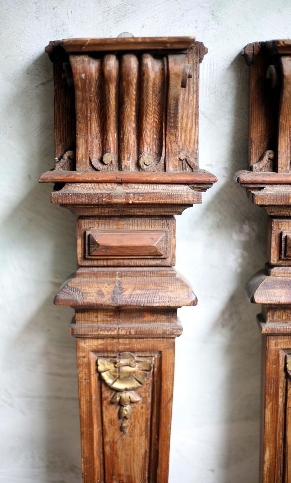 Pair Of Antique Fireplace Pilasters Carved Wooden French Neoclassical Fire Surround Architectural Columns photo vinterior