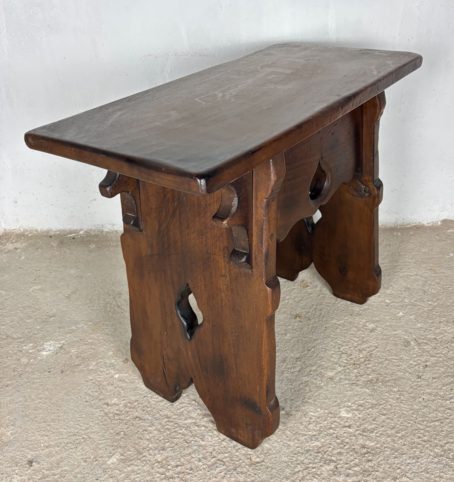 Rustic Hand Carved Walnut Stool Or Side Table, Early 20th Century photo vinterior