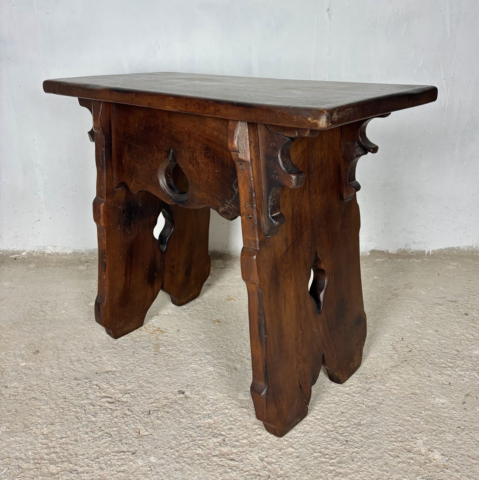Furniture Rustic Hand Carved Walnut Stool Or Side Table, Early 20th Century photo