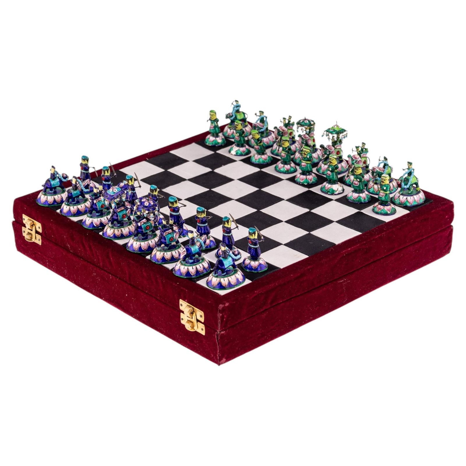 20thc Indian Silver & Enamel Chess Set With Silk & Velvet Board, Jaipur C.1950