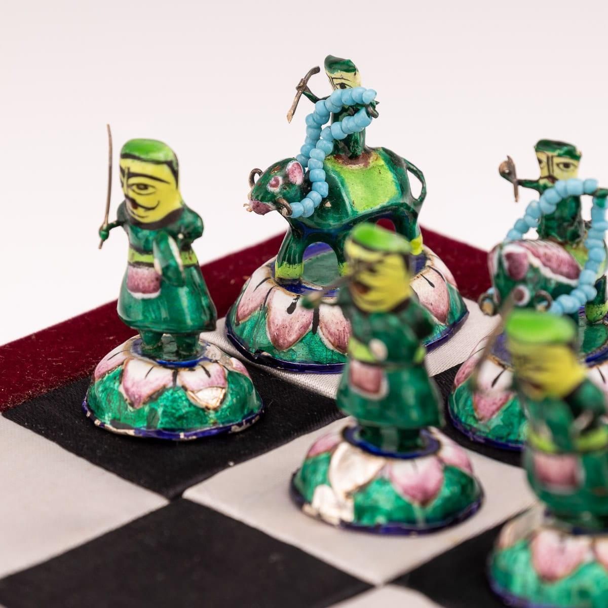photo furniture 20thc Indian Silver & Enamel Chess Set With Silk & Velvet Board, Jaipur C.1950