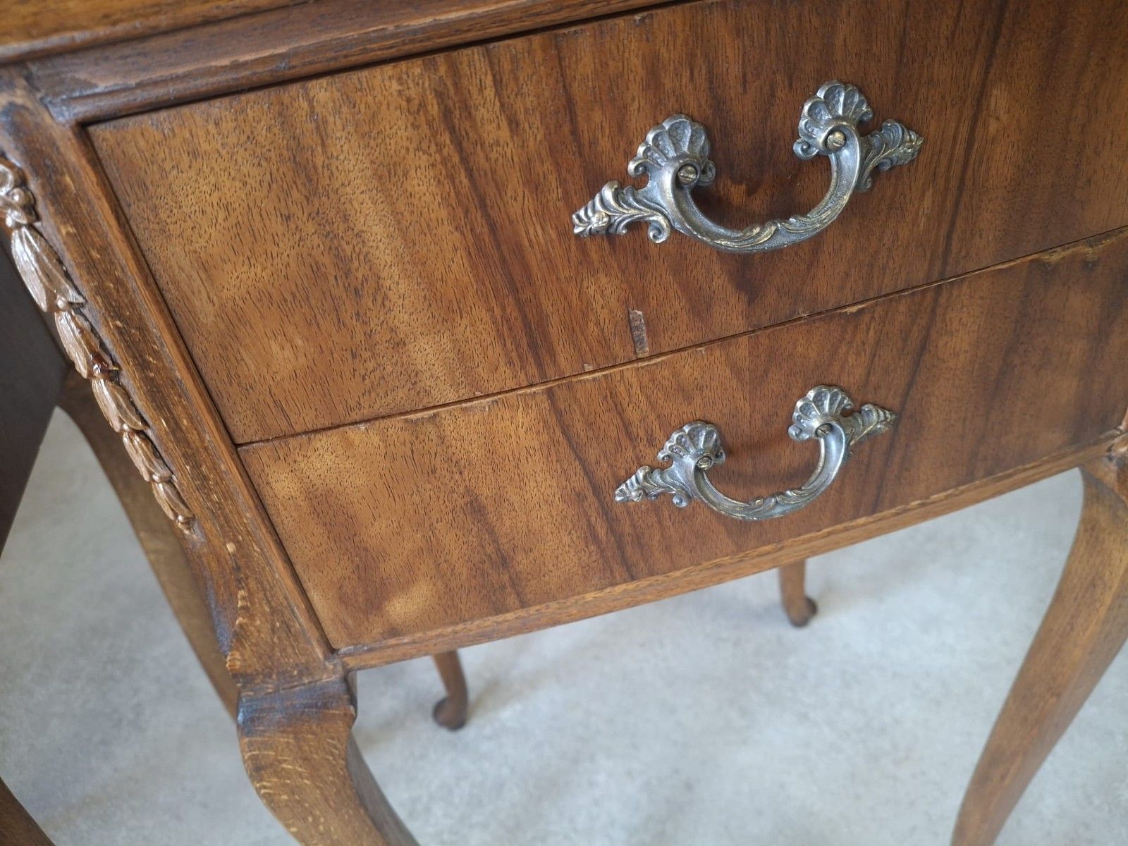 Pair Vintage Walnut Bedside Tables French Louis XV Style Bedside Chests photo for sale