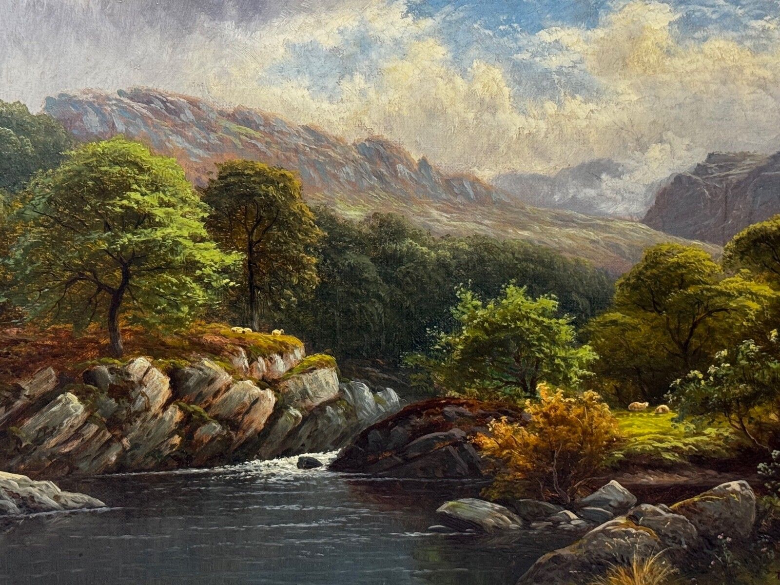 19e-eeuws olieverfschilderij "A Quiet Pool North Wales On The Conwy River" door Thomas Spinks photo furniture