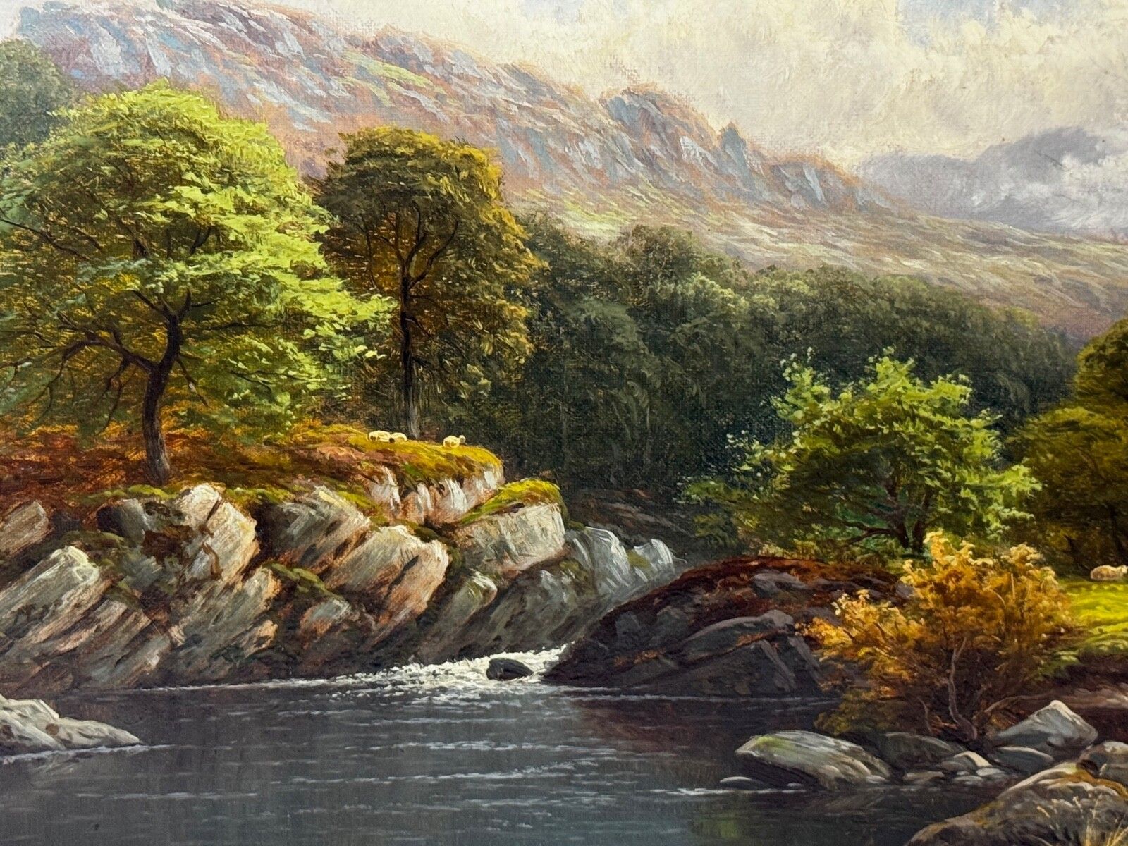 Kunst 19e-eeuws olieverfschilderij "A Quiet Pool North Wales On The Conwy River" door Thomas Spinks photo