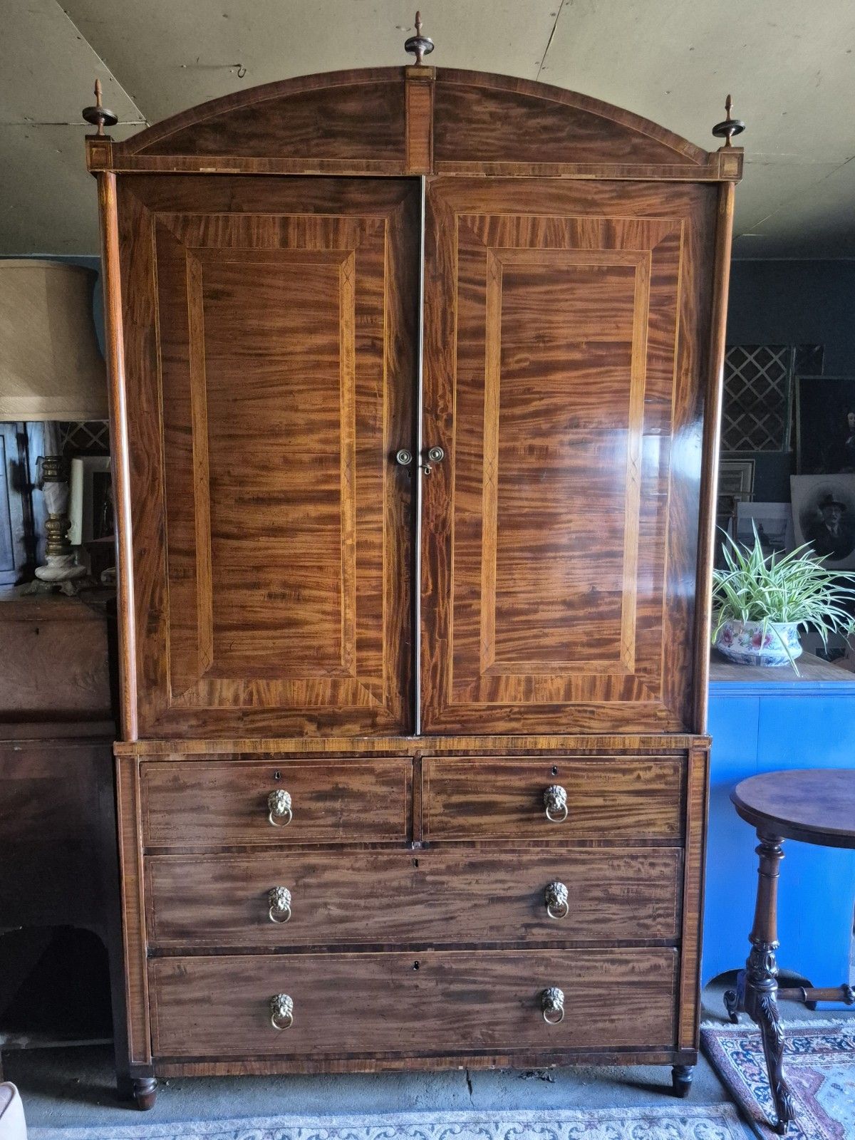 Exceptional Huge Dutch Cuban Mahogany Satinwood Crossbanded Regency Linen Press