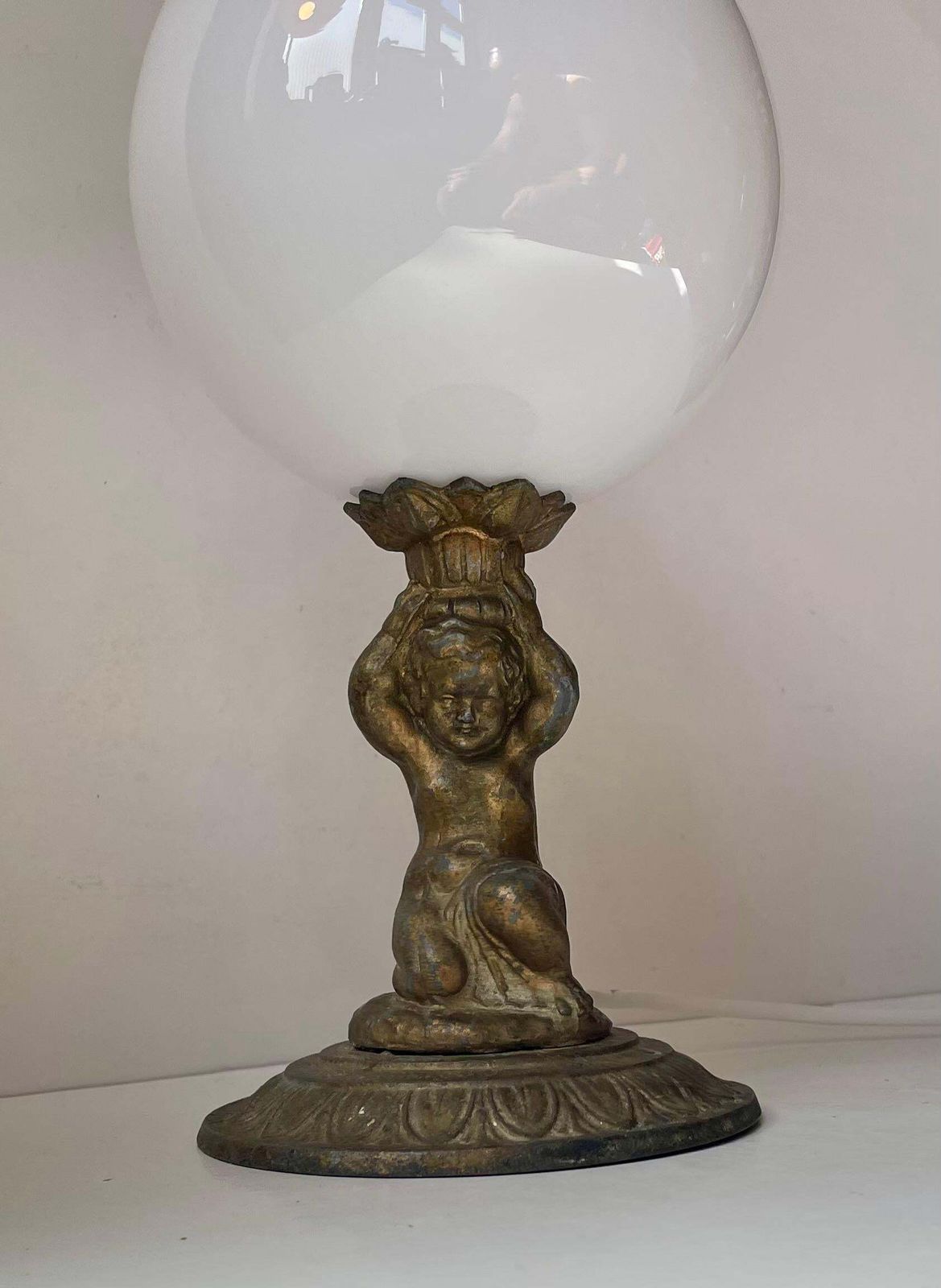 photo for sale Small Italian Bronze Cherub Table Lamp With Opaline Orb Sphere
