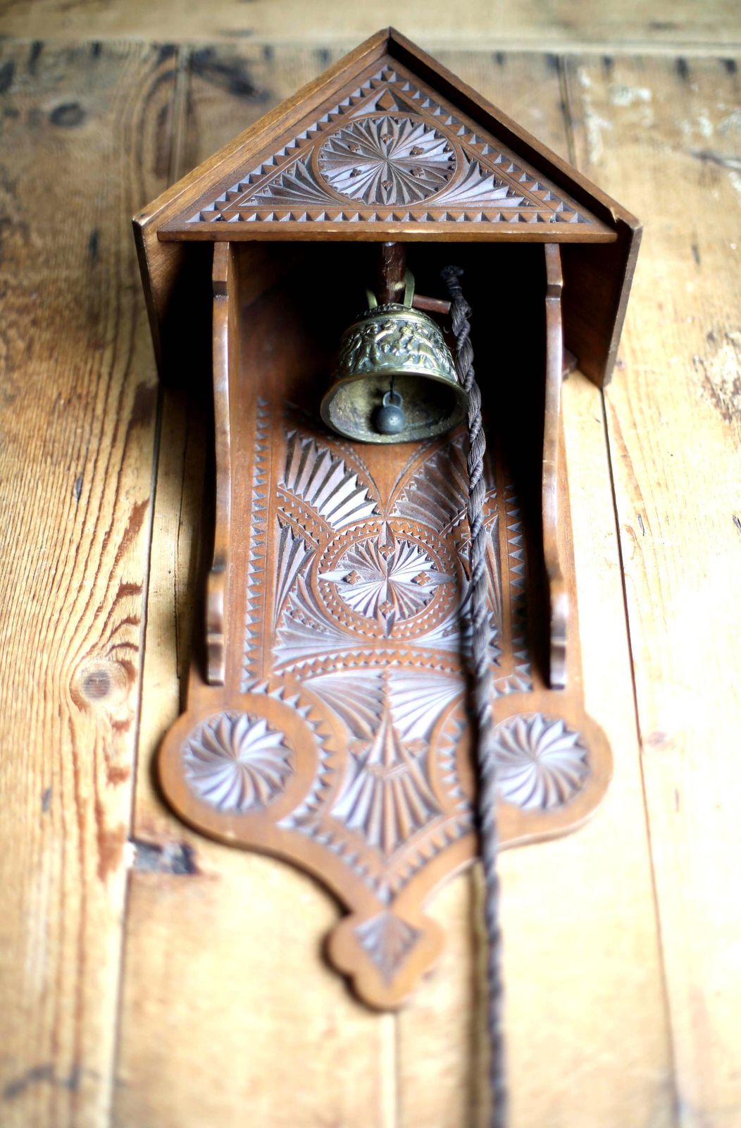 Antique Chalet Bell German Folk Art Carved Prayer Dinner Door Grand Tour