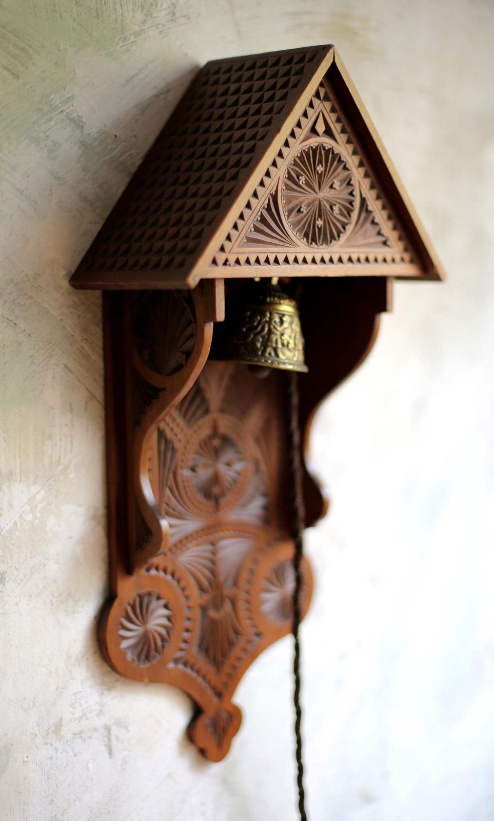 photo for sale Antique Chalet Bell German Folk Art Carved Prayer Dinner Door Grand Tour