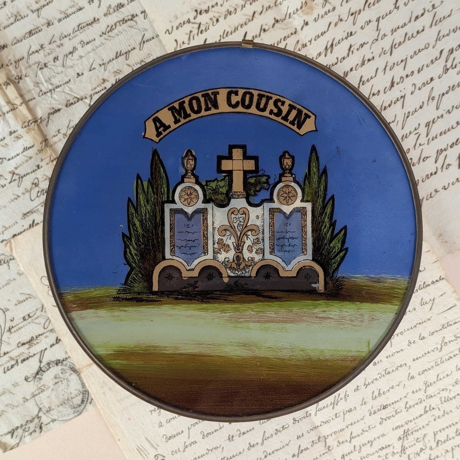 Reverse Glass Mourning Plaque, Antique French Fixé Sous Verre Memorial, A Mon Cousin Tombstone Wall Art, Late 19th Century photo vinterior