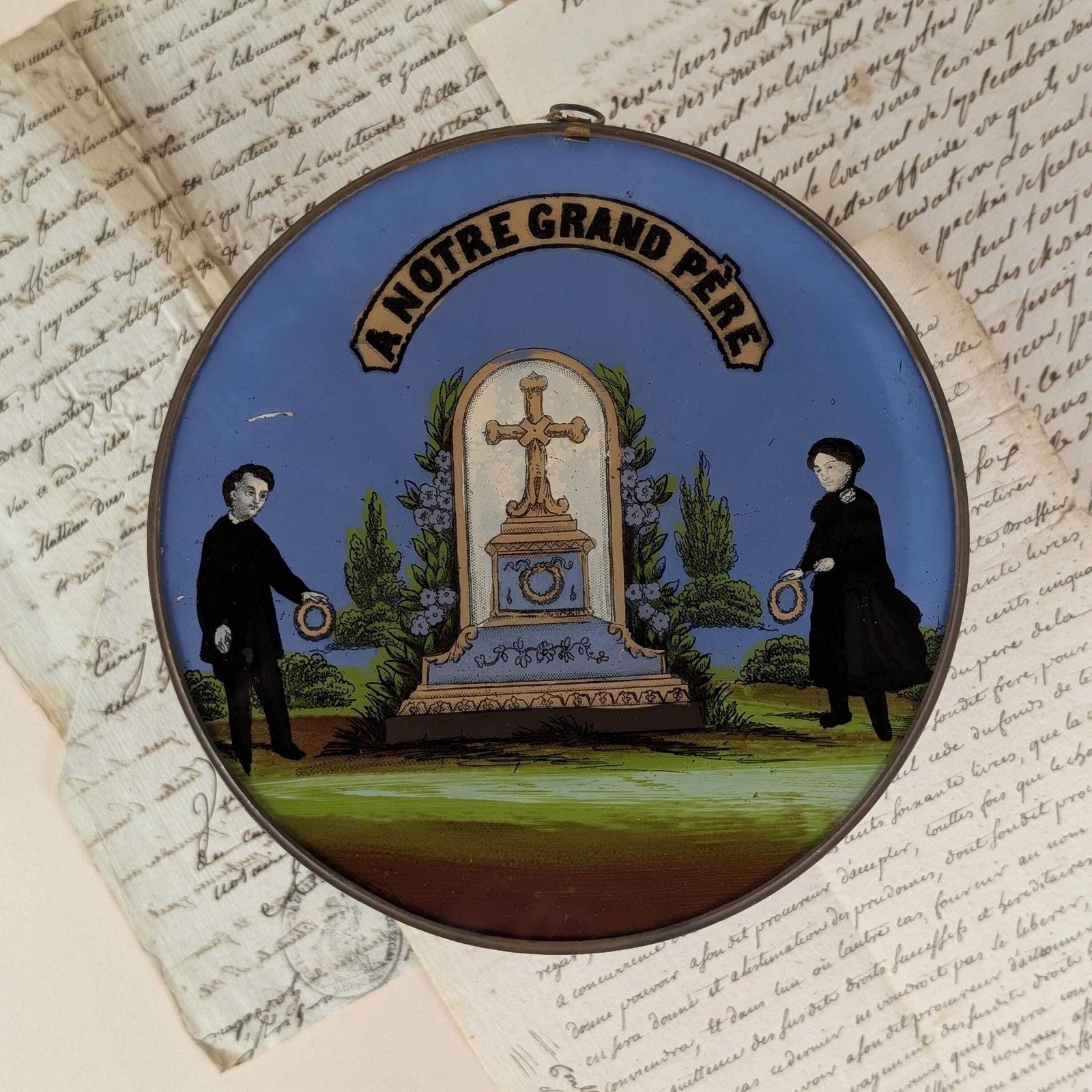 French Reverse Glass Mourning Plaque, Antique Grandfather Memorial Fixé Sous Verre, 19th Century Wall Decor