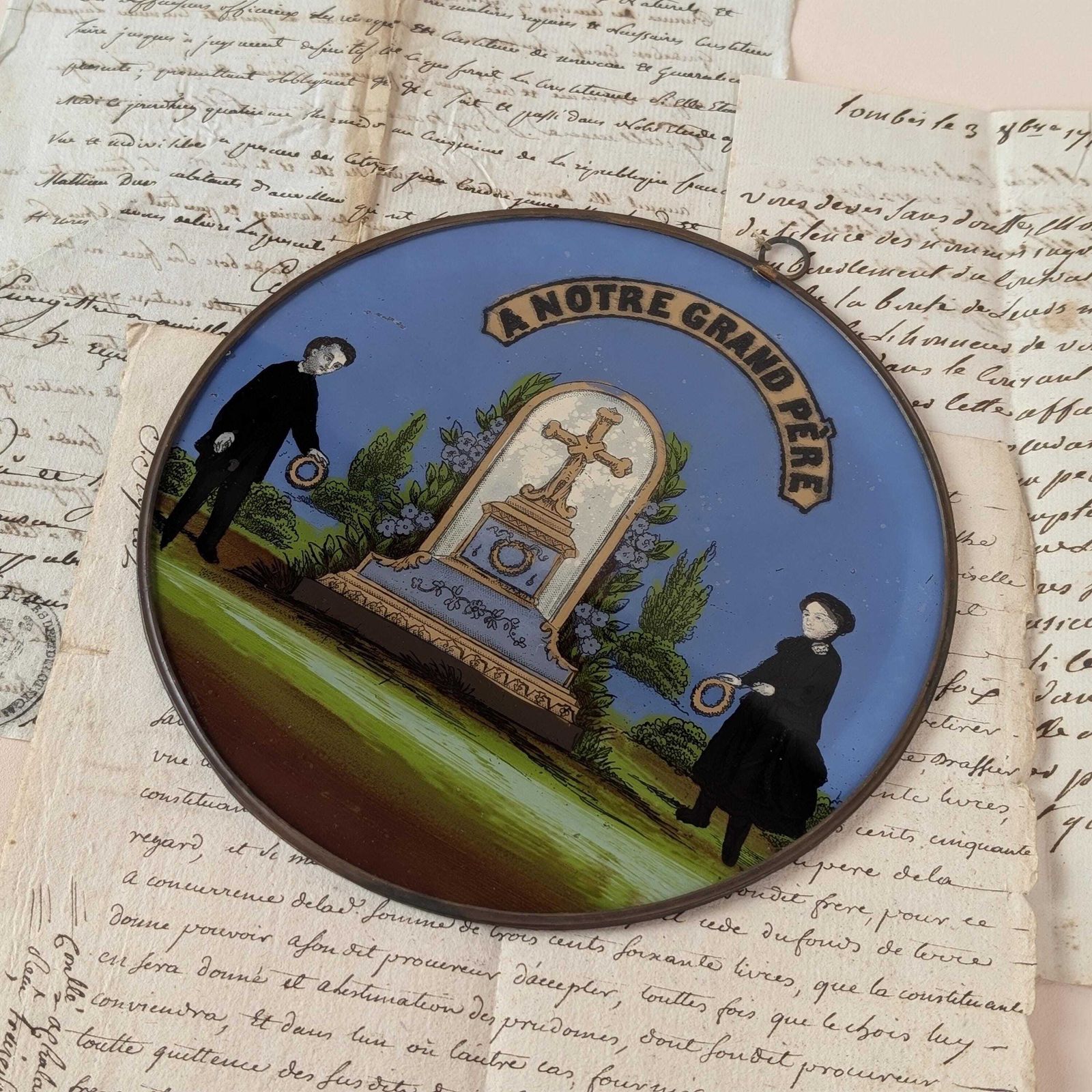 French Reverse Glass Mourning Plaque, Antique Grandfather Memorial Fixé Sous Verre, 19th Century Wall Decor photo vinterior