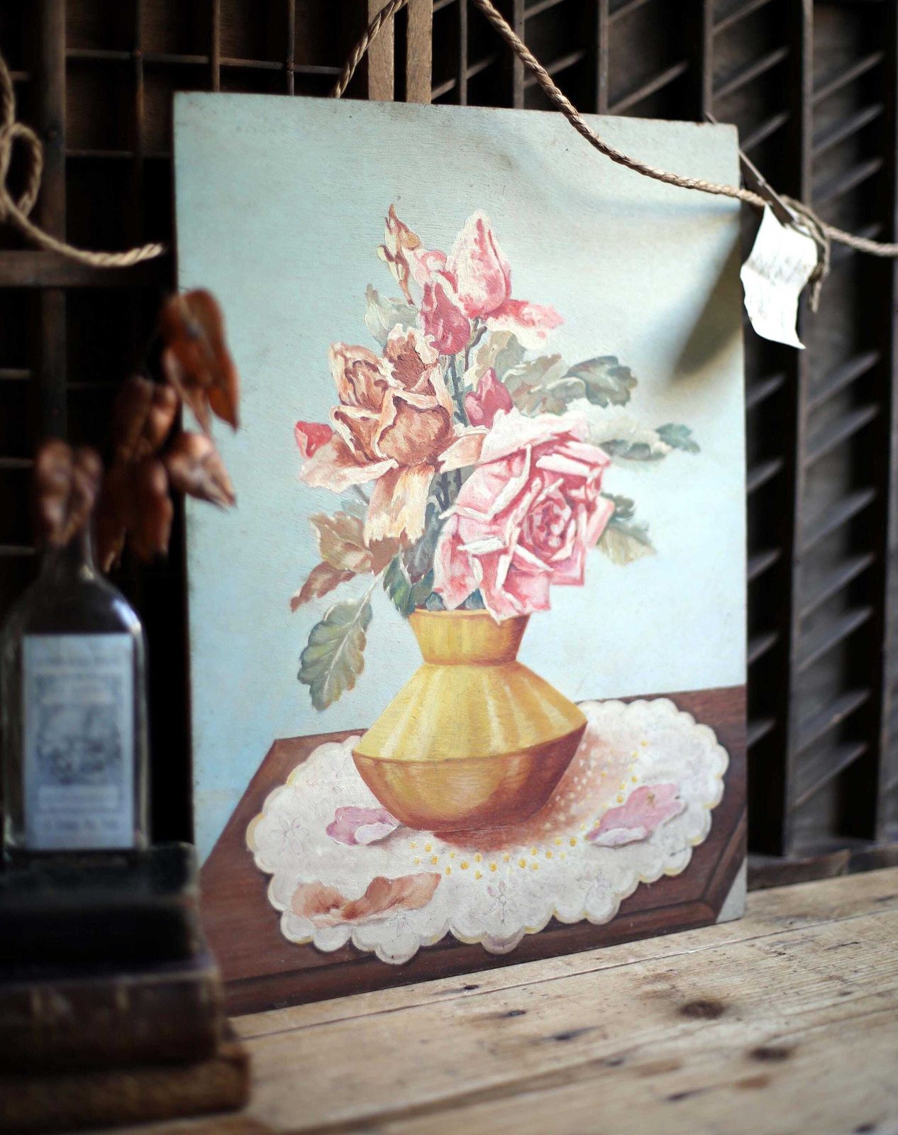 Antique French Roses Oil Painting Still Life Floral Art photo buy