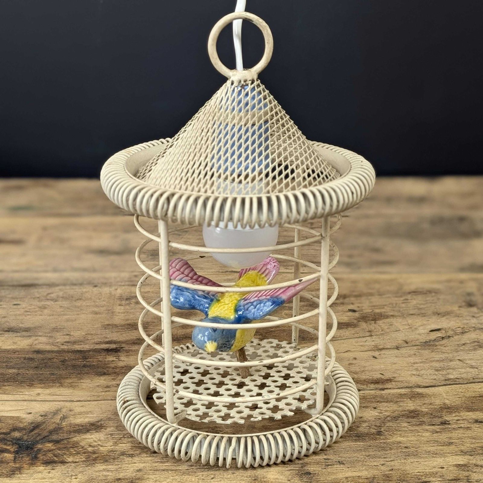 photo for sale 1950s Birdcage Lamp Ceramic Bird, Mid Century Wire Table Light, Hanging Retro Lantern, Eclectic Nursery Decor, Pottery Avian Nightlight