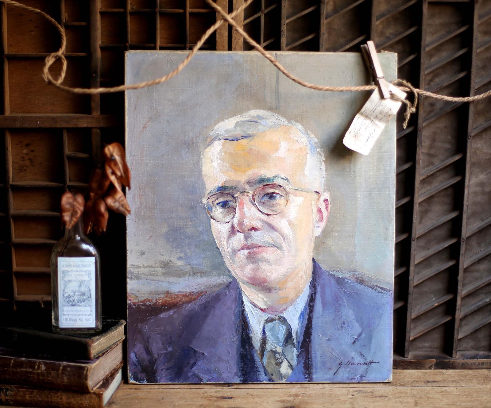 Original Georges Danset Male Portrait Painting French Man Oil On Canvas photo Art
