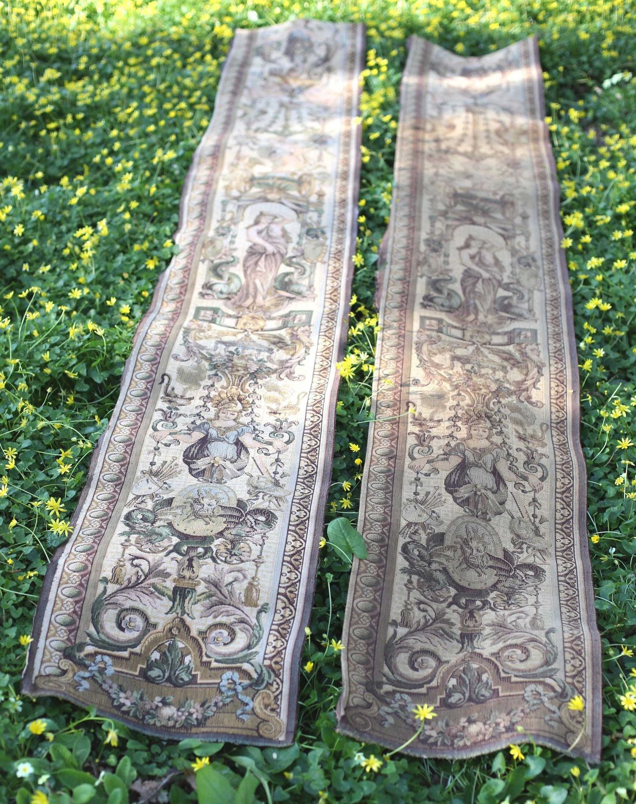 photo for sale Pair Of Antique Aubusson Tapestry Panels Extra Long Jacquard Lengths Louis Philippe Neo Baroque