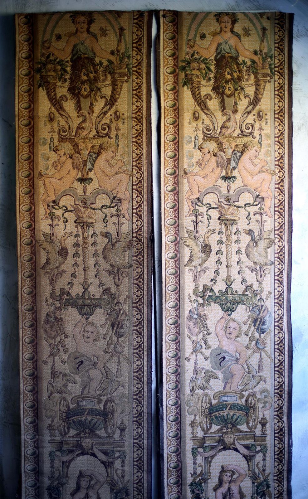 Art Pair Of Antique Aubusson Tapestry Panels Extra Long Jacquard Lengths Louis Philippe Neo Baroque photo
