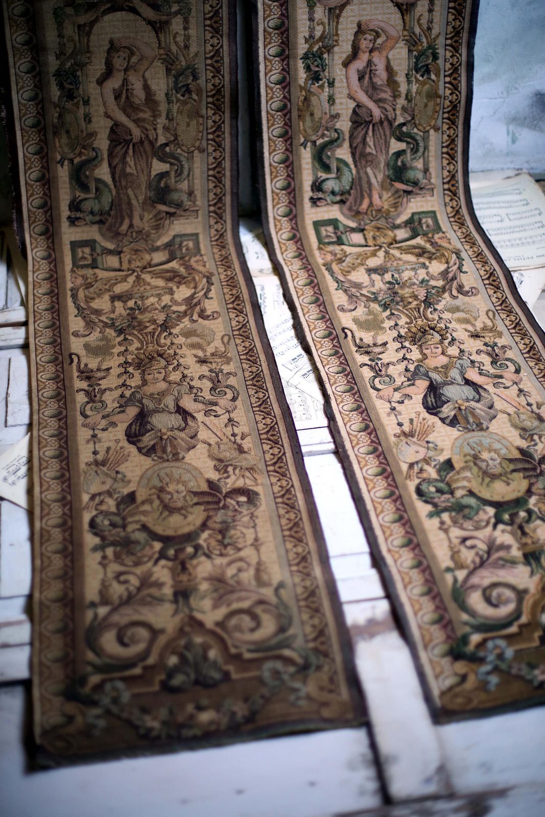 864.0 Pair Of Antique Aubusson Tapestry Panels Extra Long Jacquard Lengths Louis Philippe Neo Baroque photo
