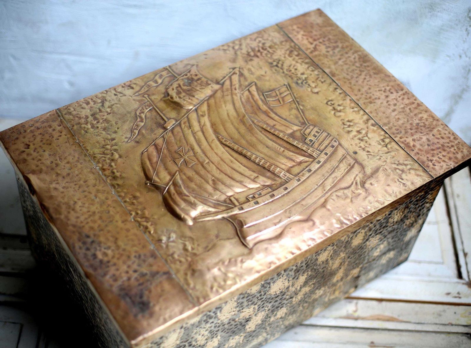 Antique Copper & Brass Repousse Chest Nautical Log Box Old French Galleon photo furniture