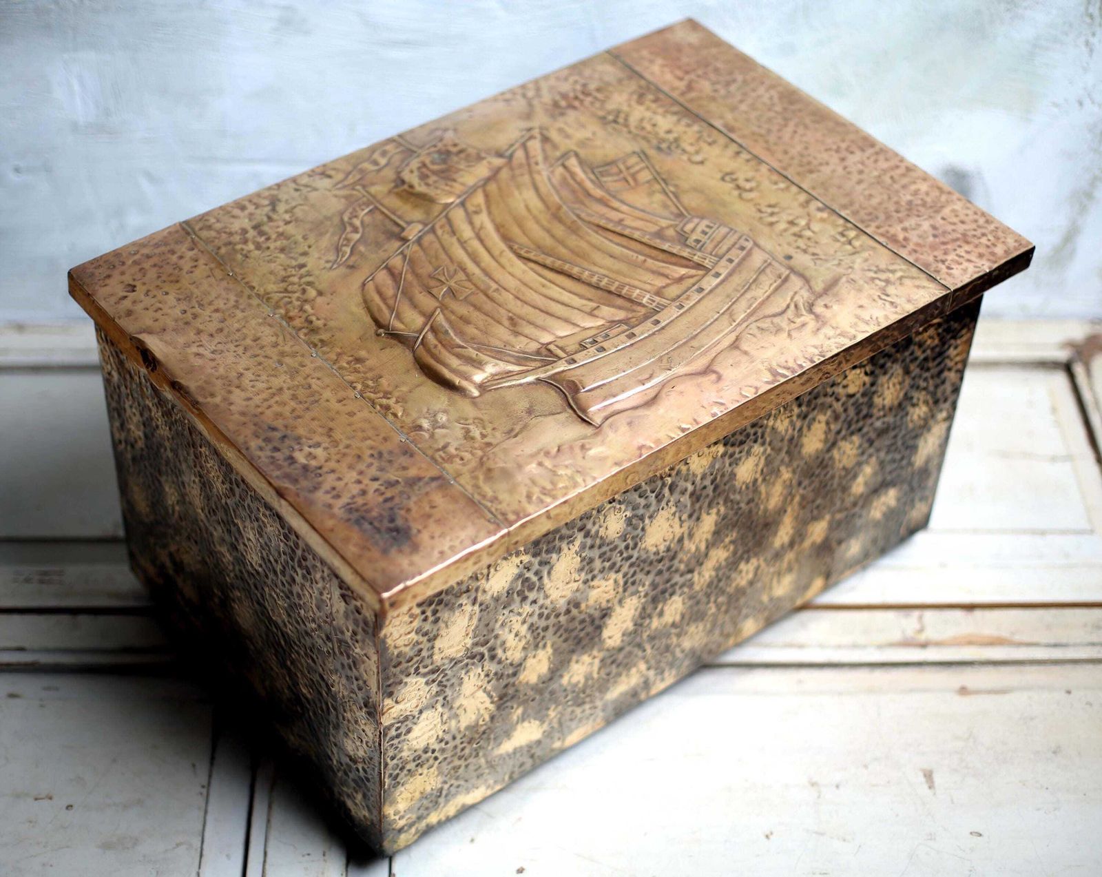 Antique Copper & Brass Repousse Chest Nautical Log Box Old French Galleon photo for sale