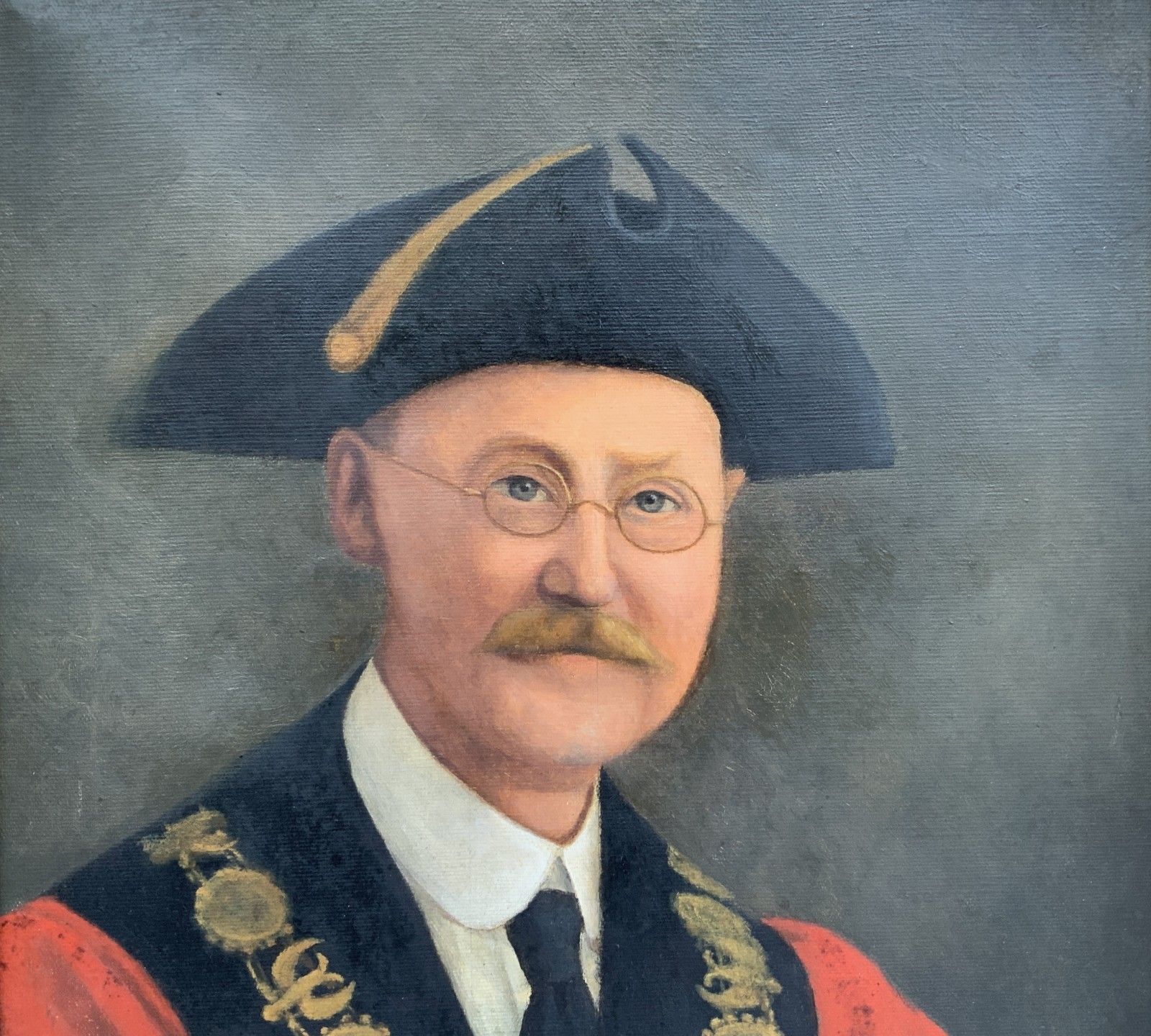 Oil Portrait Painting Bespectacled Mayor Mid Century Vintage Antique photo Art
