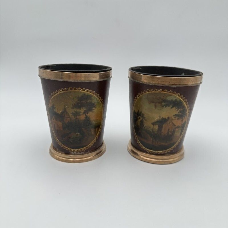 Pair Of Painted Sheet Metal And Brass Flowerpots, Decorated With Bucolic Landscapes, 19th Century.