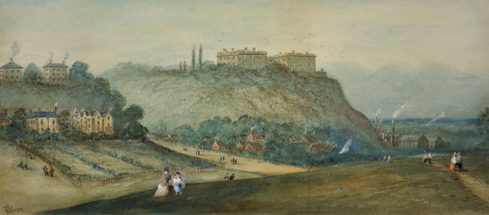 Thomas Cooper Moore 1827 tot 1901. Engels. Gezicht op Nottingham Castle en het park. Ingelijst Victoriaans aquarel landschap. photo furniture