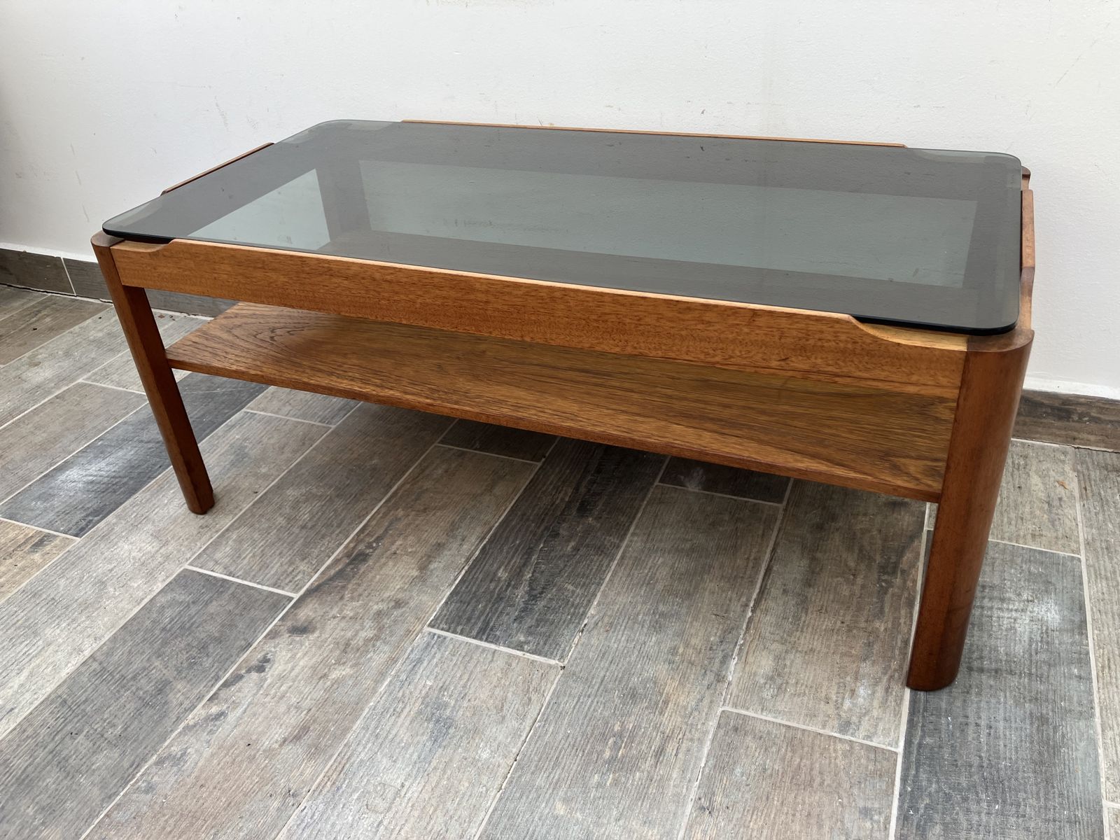 photo buy Myer Smoked Glass Teak Floating Coffee Table