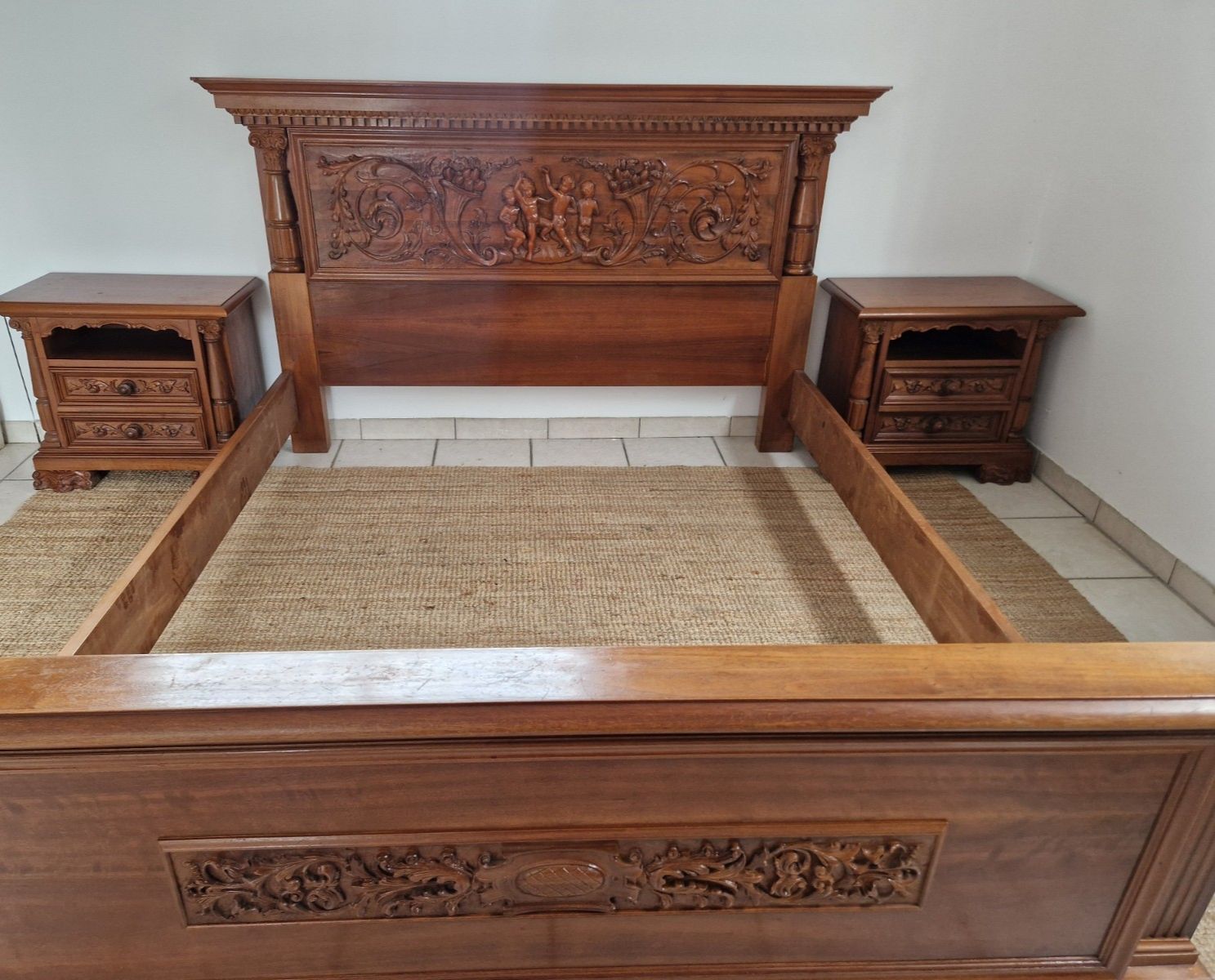 photo for sale Antique Renaissance King Size Bed And Pair Of Nightstands Carved Wood Angels